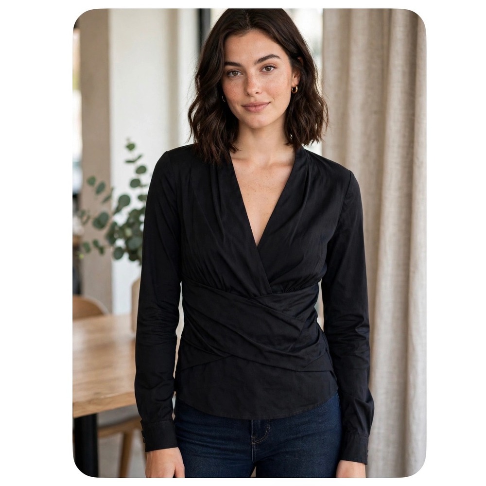 NYDJ Women Black Surplice V-Neck Pleated Wrap Front Blouse Top Size S